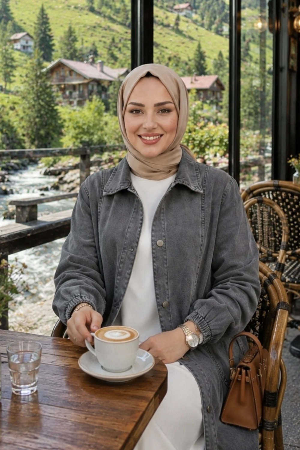 Harma Time Butik Kadın Düğmeli Cepli Gri Denim Kot Kap görsel 4