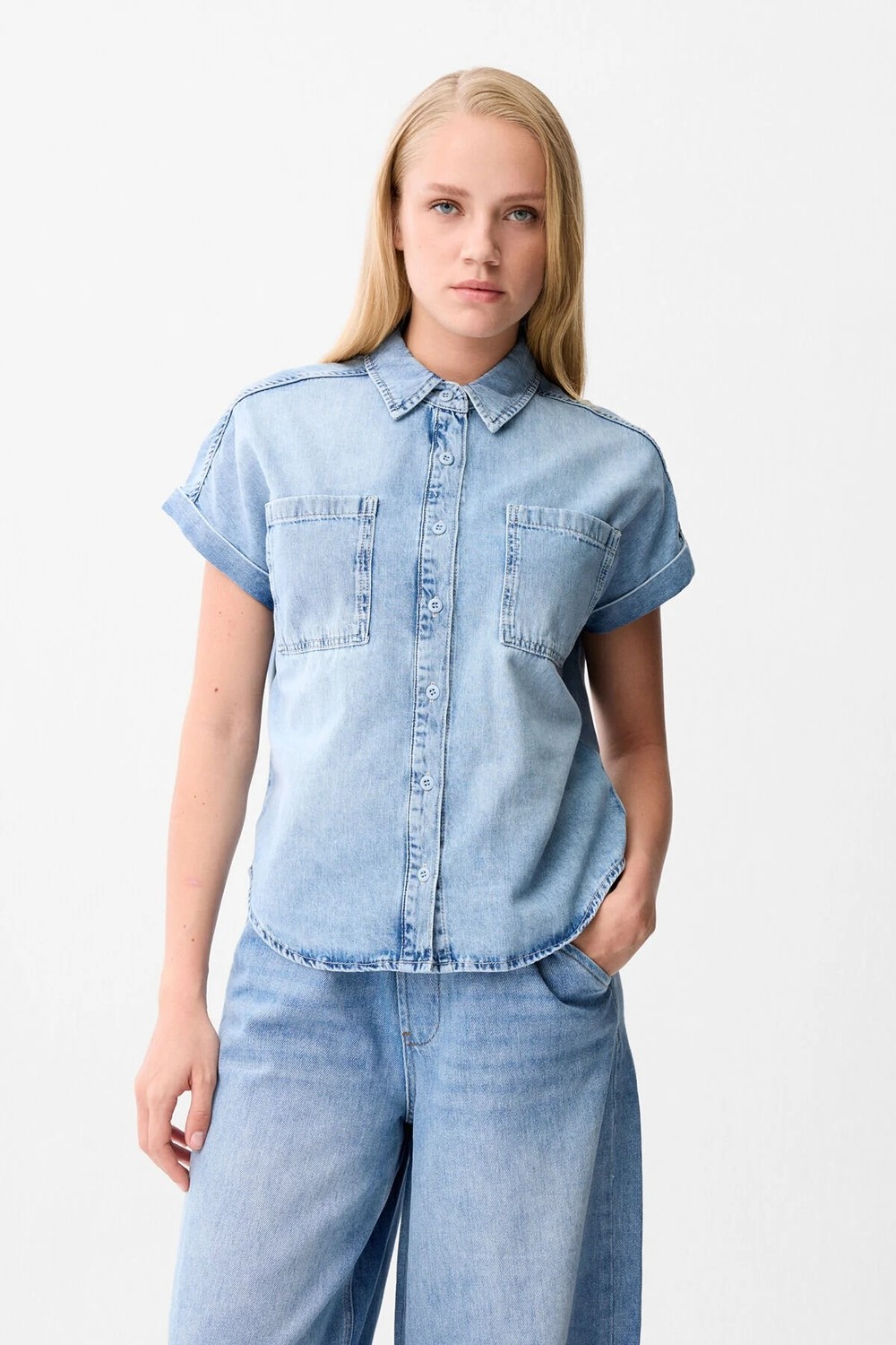 Love My Body Denim Kısa Kollu Gömlek Mavi 130LO027000 görsel 4