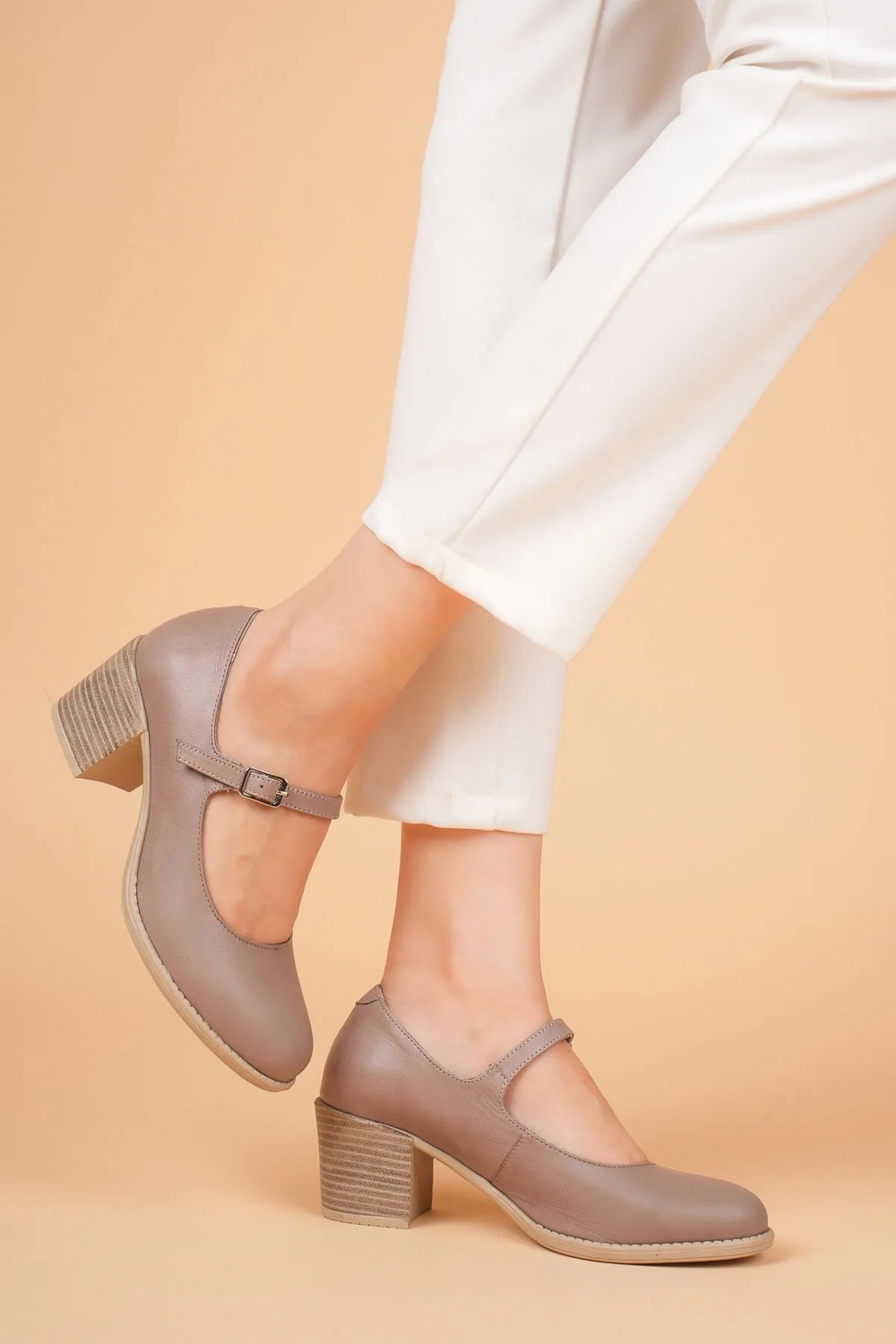 Analin Shoes Kadın Deri Bantlı Topuklu Ayakkabı - Taş