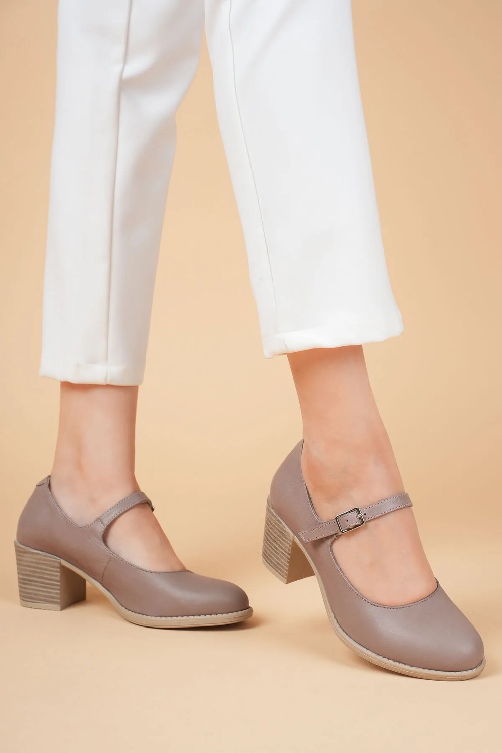Analin Shoes Kadın Deri Bantlı Topuklu Ayakkabı - Taş görsel 2