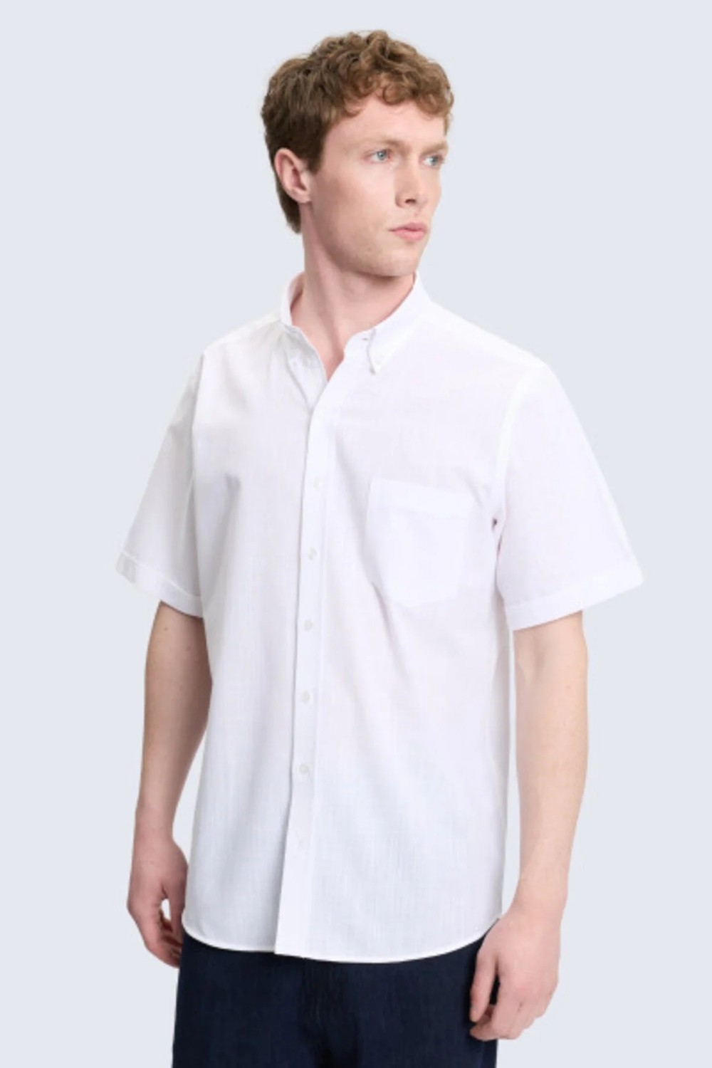 Hatemoğlu Beyaz Comfort Fit 100% Pamuk Düğmeli Yaka Kısa Kollu Casual Gömlek görsel 6