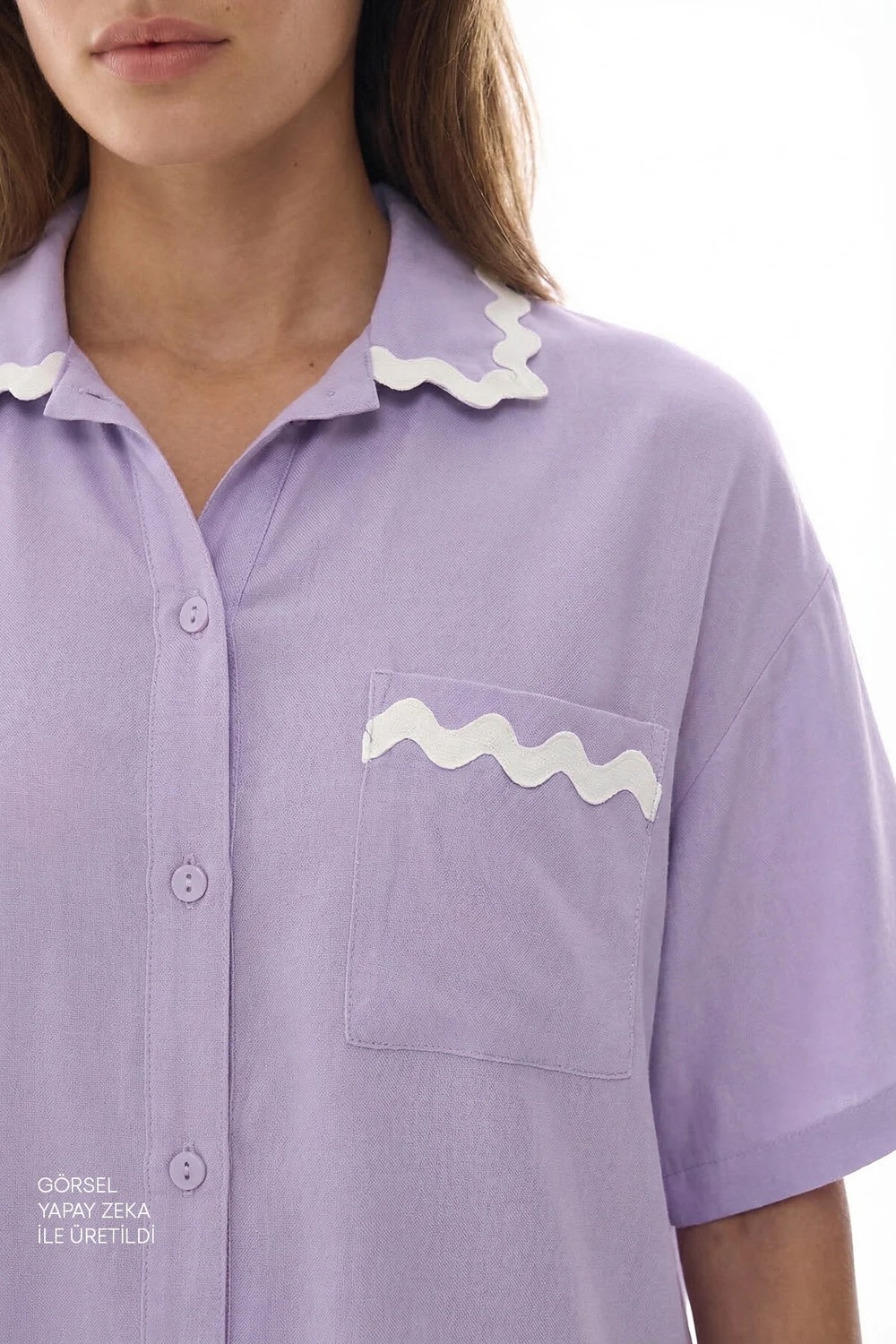 Penti Lila Ella Gömlek Dantelli Kısa Kollu Şort Pijama Takımı görsel 3