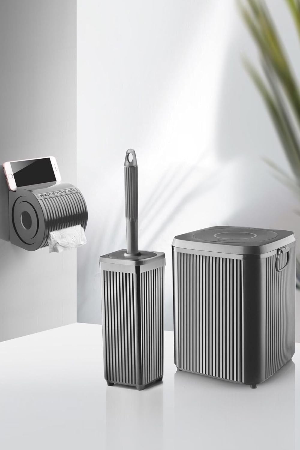 Prime Çöp Kovası Tuvalet Fırçası Wc Kağıtlığı Fırça Banyo Seti Gri 3013 görsel 2