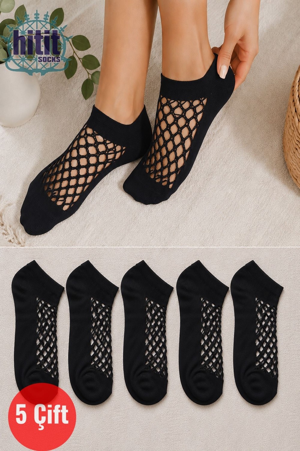 Hitit Socks Kadın 5 Çift Siyah Premium Kalite File Tasarım Bilek Çorabı Patik Çorap