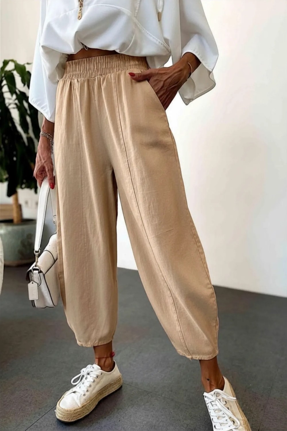Nana & Mayka Moda Die&More Kadın Haki Şalvar Pantolon Salaş Dört Mevsim Rahat Pamuk Lastikli Bel Günlük Model Gabardin