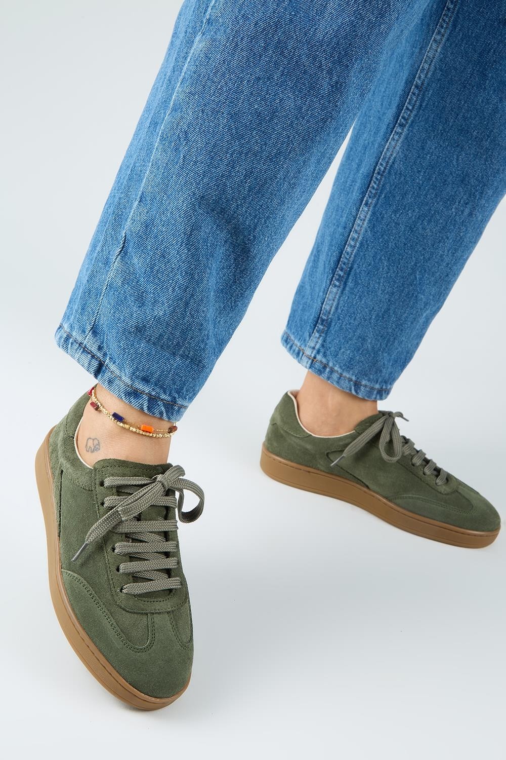 Manijero Krahe Barbella Kadın Hakiki Deri Üç Ayrı Alternatif Bağcıklı Haki Sneakers görsel 2