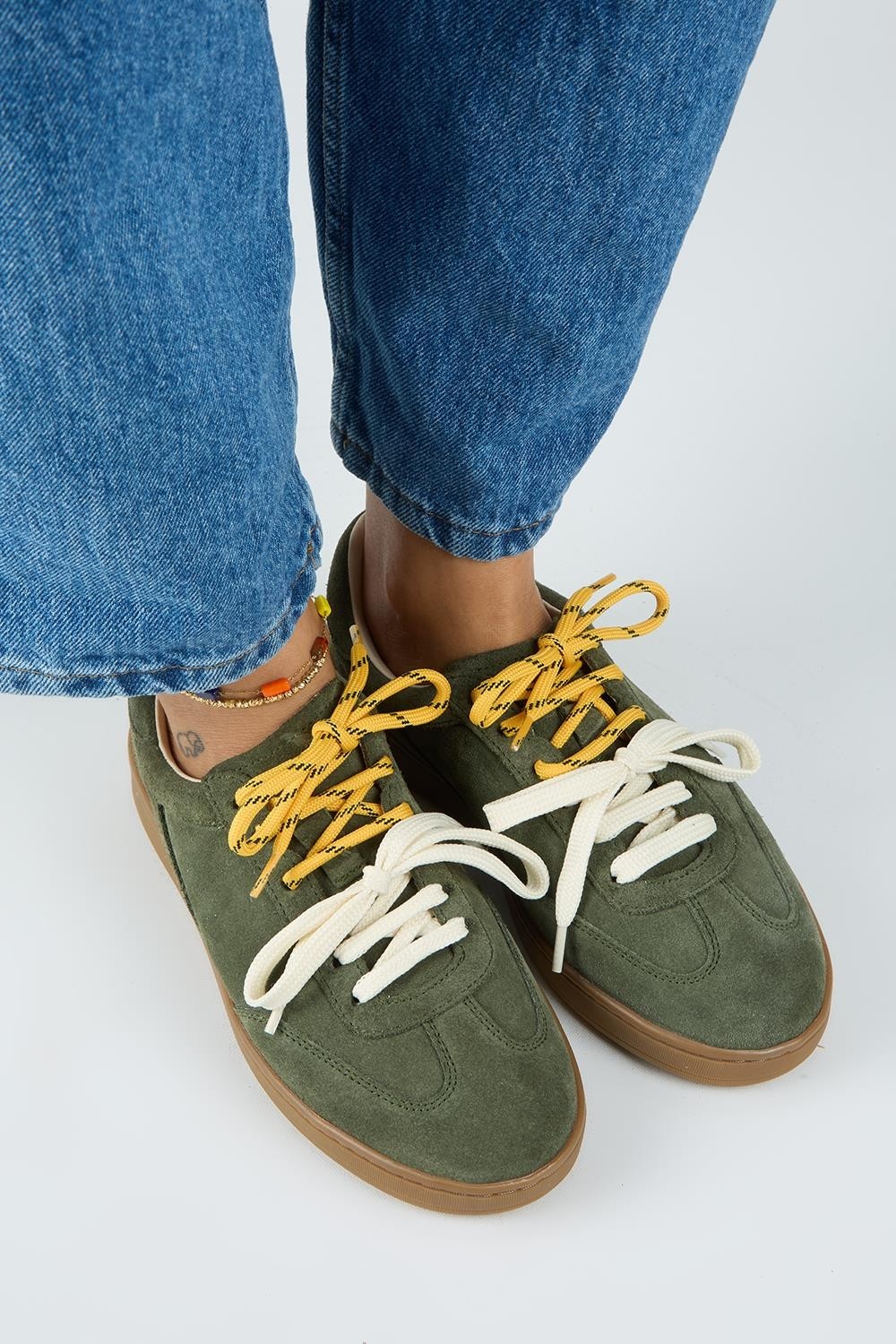 Manijero Krahe Barbella Kadın Hakiki Deri Üç Ayrı Alternatif Bağcıklı Haki Sneakers görsel 4