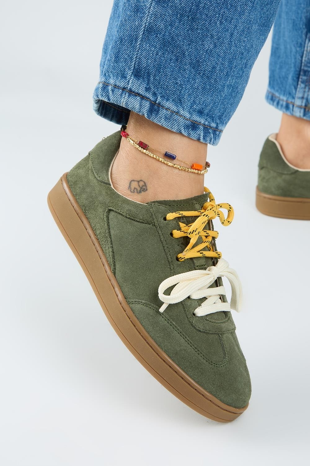 Manijero Krahe Barbella Kadın Hakiki Deri Üç Ayrı Alternatif Bağcıklı Haki Sneakers görsel 5