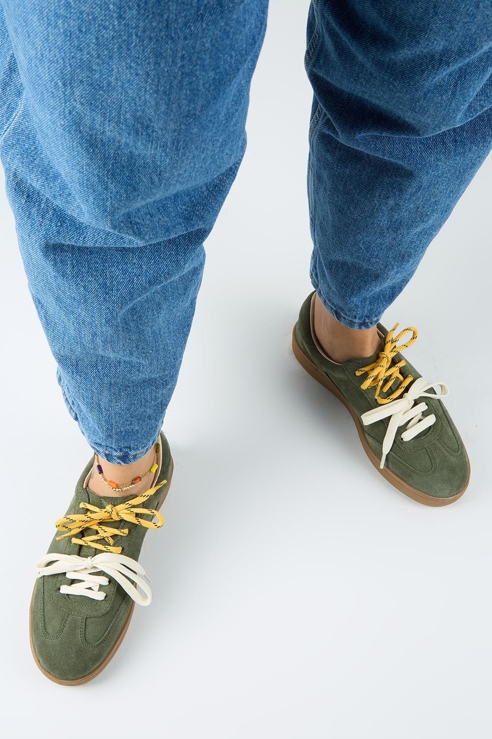 Manijero Krahe Barbella Kadın Hakiki Deri Üç Ayrı Alternatif Bağcıklı Haki Sneakers görsel 7
