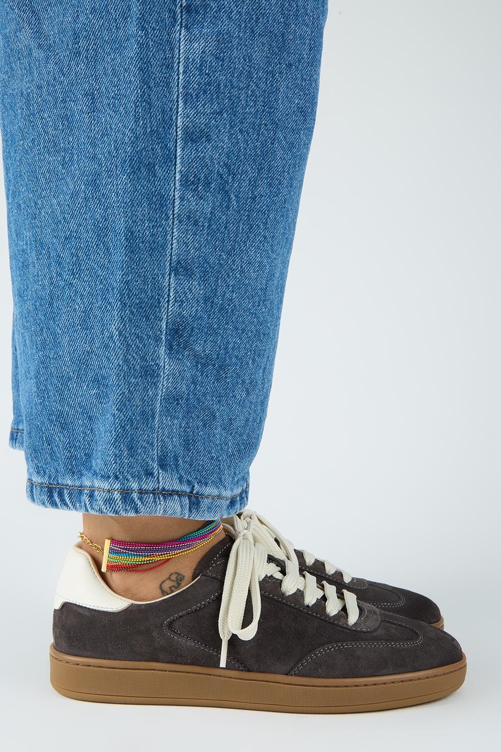 Manijero Krahe Barbella 2 Kadın Hakiki Deri Üç Ayrı Alternatif Bağcıklı Antrasit-Ekru Sneakers