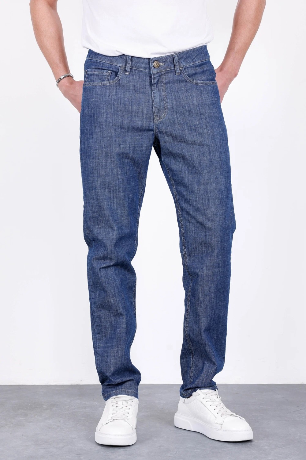 Hlt Jeans Erkek Yazlık Koyu Mavi Ince Kumaş Regular Fit Boru Paça Esnek Likralı Jeans HLTHE001968 görsel 2
