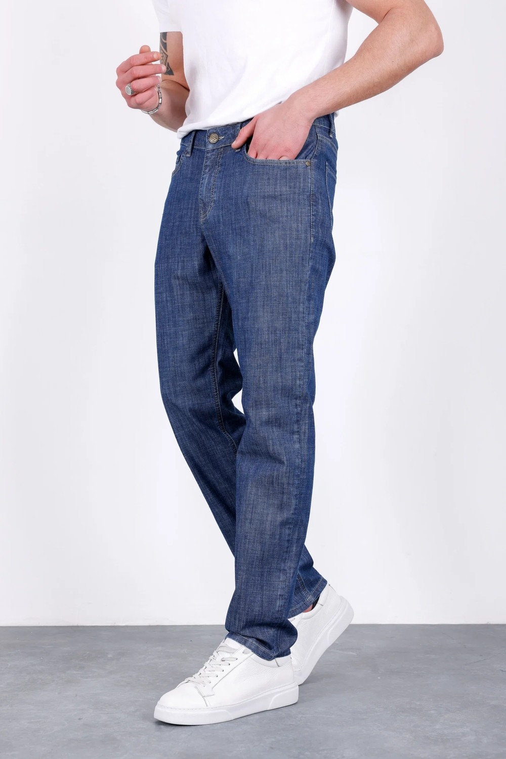 Hlt Jeans Erkek Yazlık Koyu Mavi Ince Kumaş Regular Fit Boru Paça Esnek Likralı Jeans HLTHE001968 görsel 5