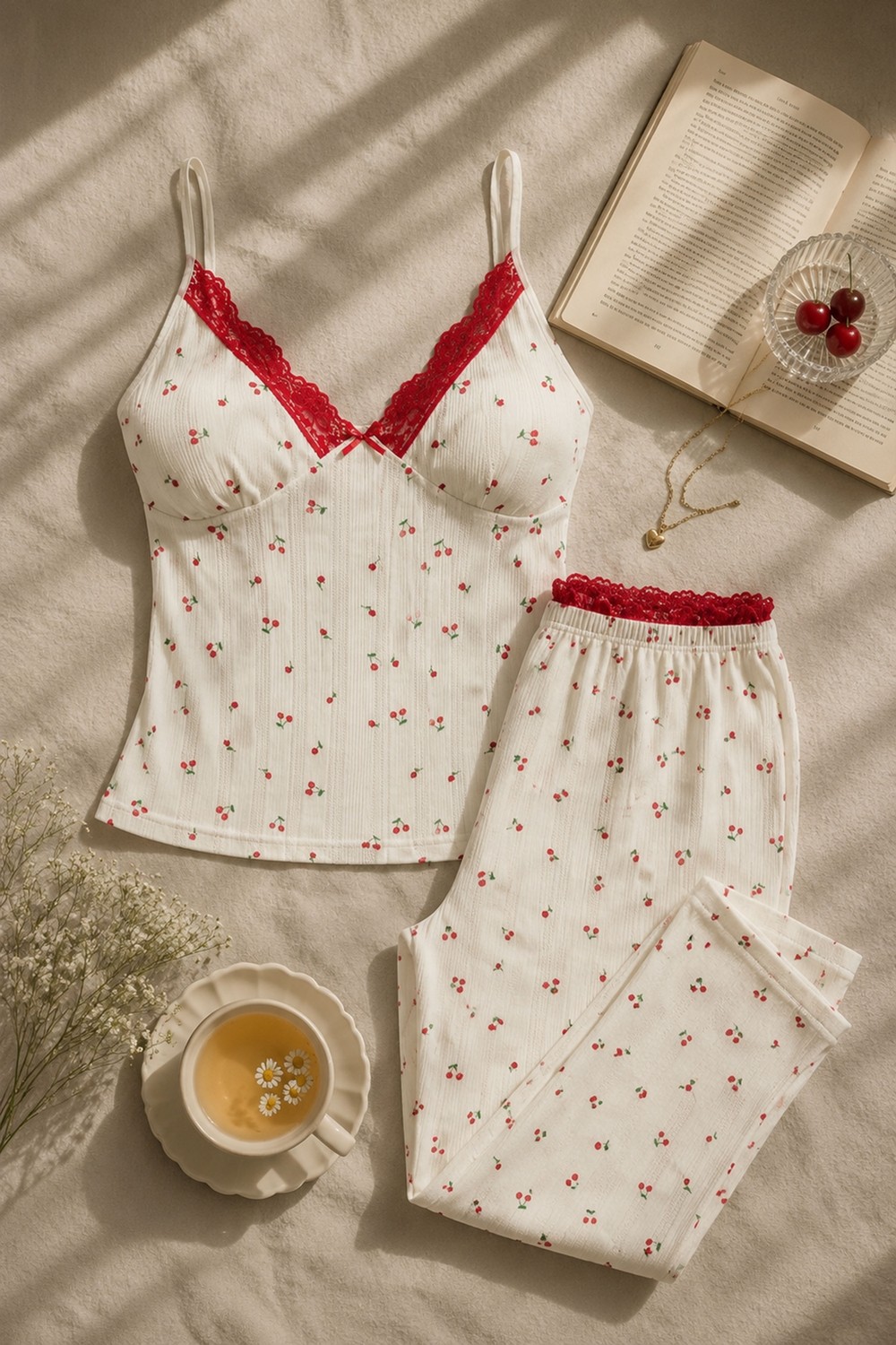 Koza İç Giyim Kadın Pamuklu Kaplı Askılı Dantelli Pijama Takımı görsel 6