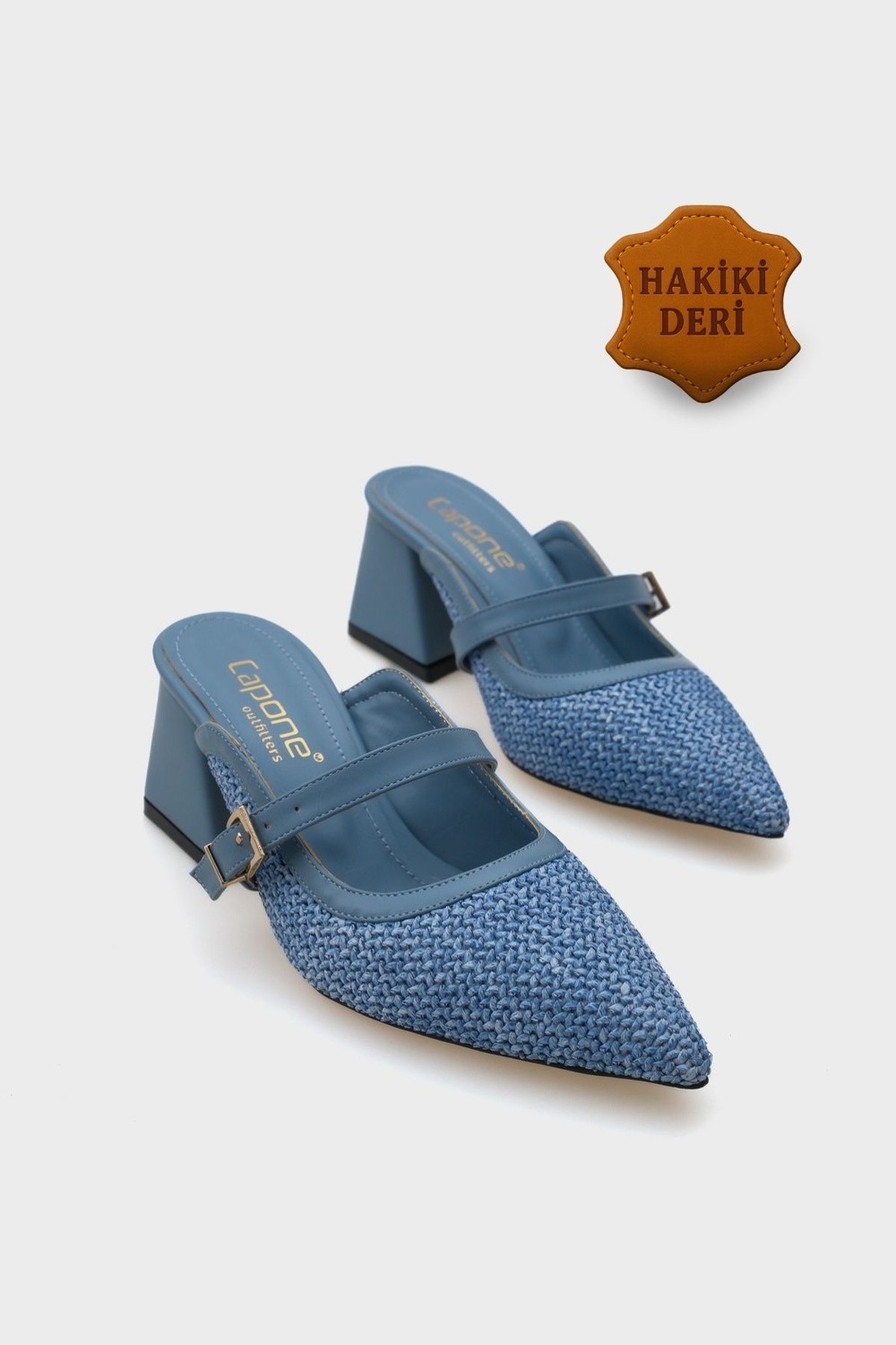 Capone Outfitters Nena Hakiki Deri Sivri Burunlu Hasır Burnu Kapalı Kadın Terlik görsel 6