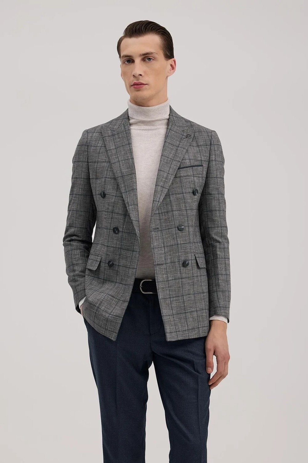 Jakamen Koyu Lacivert Slim Fit Kruvaze Erkek Takım Elbise görsel 2