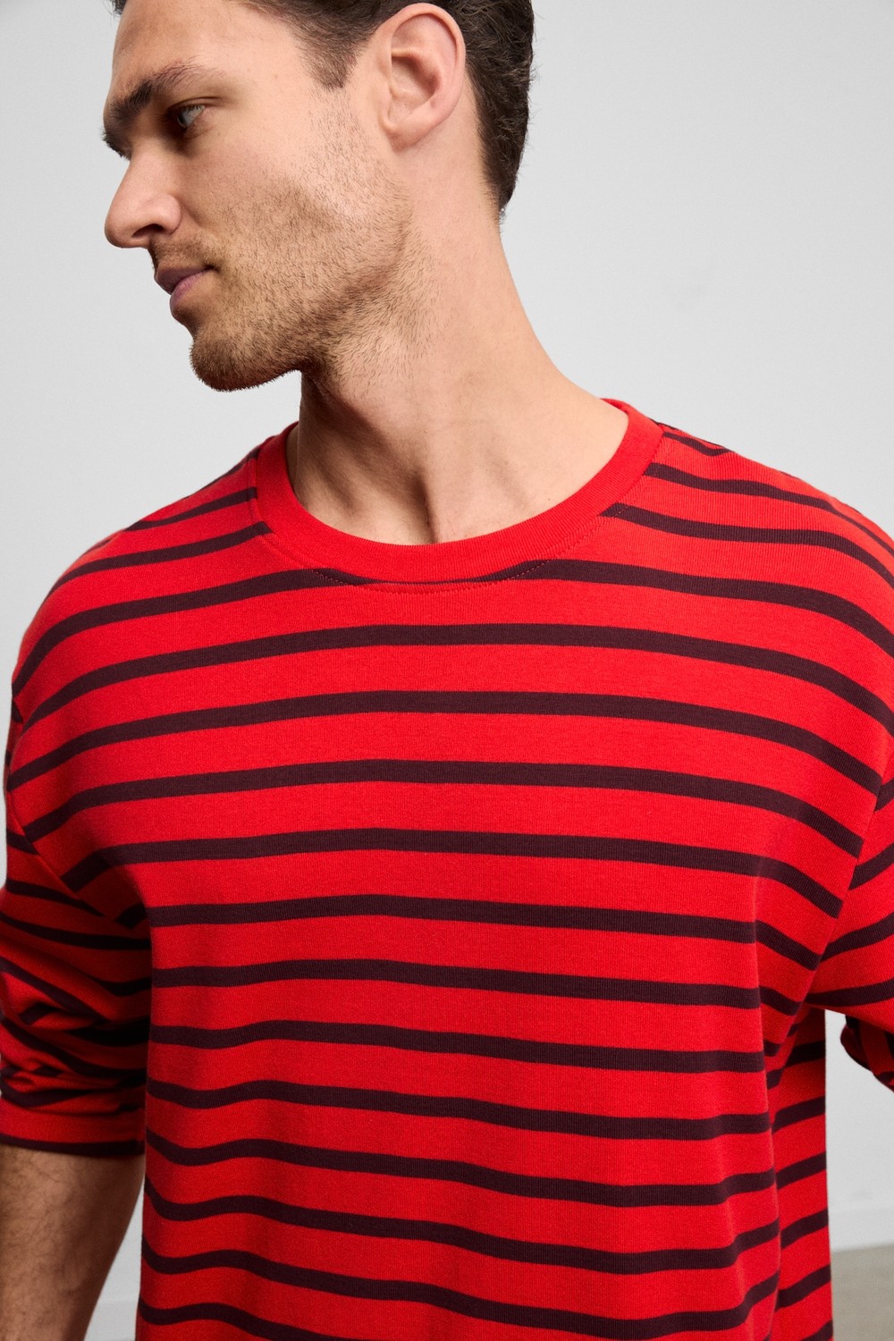Grimelange Vıgos Erkek %100 Organik Pamuklu Yuvarlak Yakalı Regular Fit Uzun Kollu Kırmızı Çizgili T-Shirt
