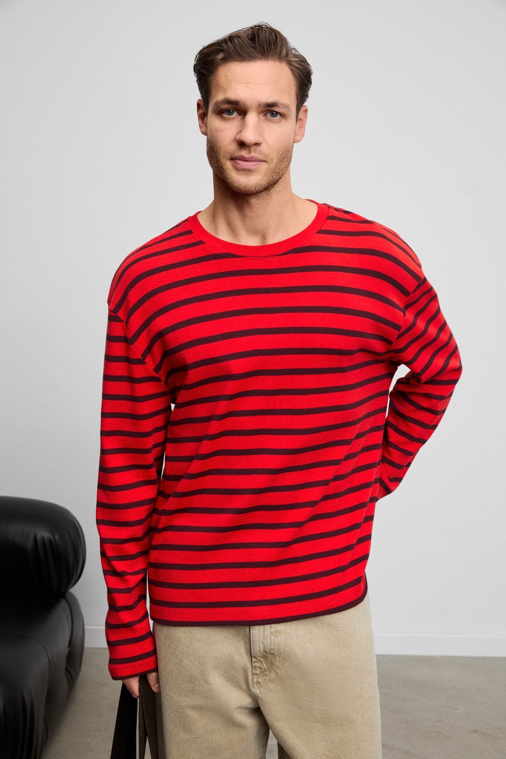 Grimelange Vıgos Erkek %100 Organik Pamuklu Yuvarlak Yakalı Regular Fit Uzun Kollu Kırmızı Çizgili T-Shirt görsel 3