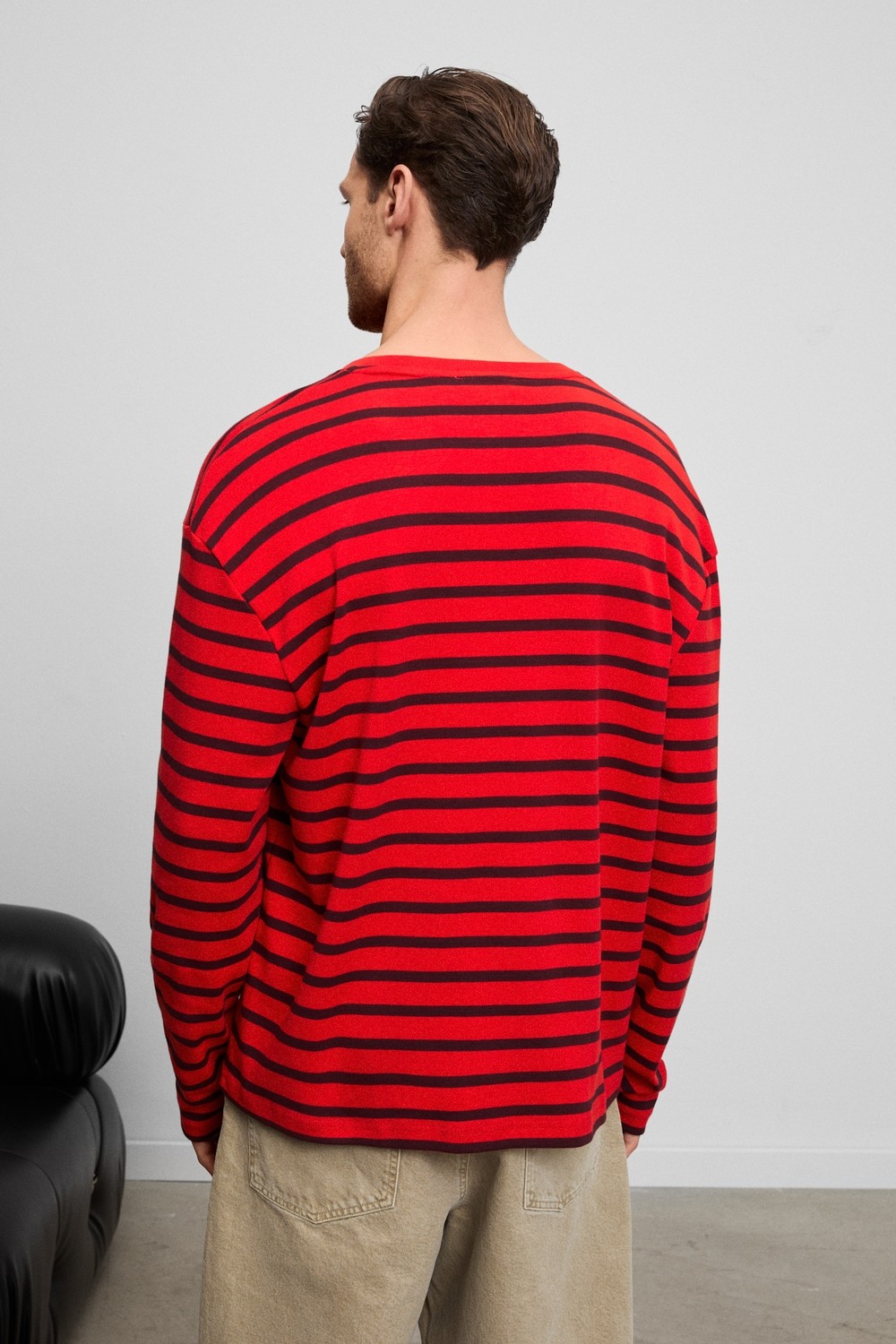 Grimelange Vıgos Erkek %100 Organik Pamuklu Yuvarlak Yakalı Regular Fit Uzun Kollu Kırmızı Çizgili T-Shirt görsel 5