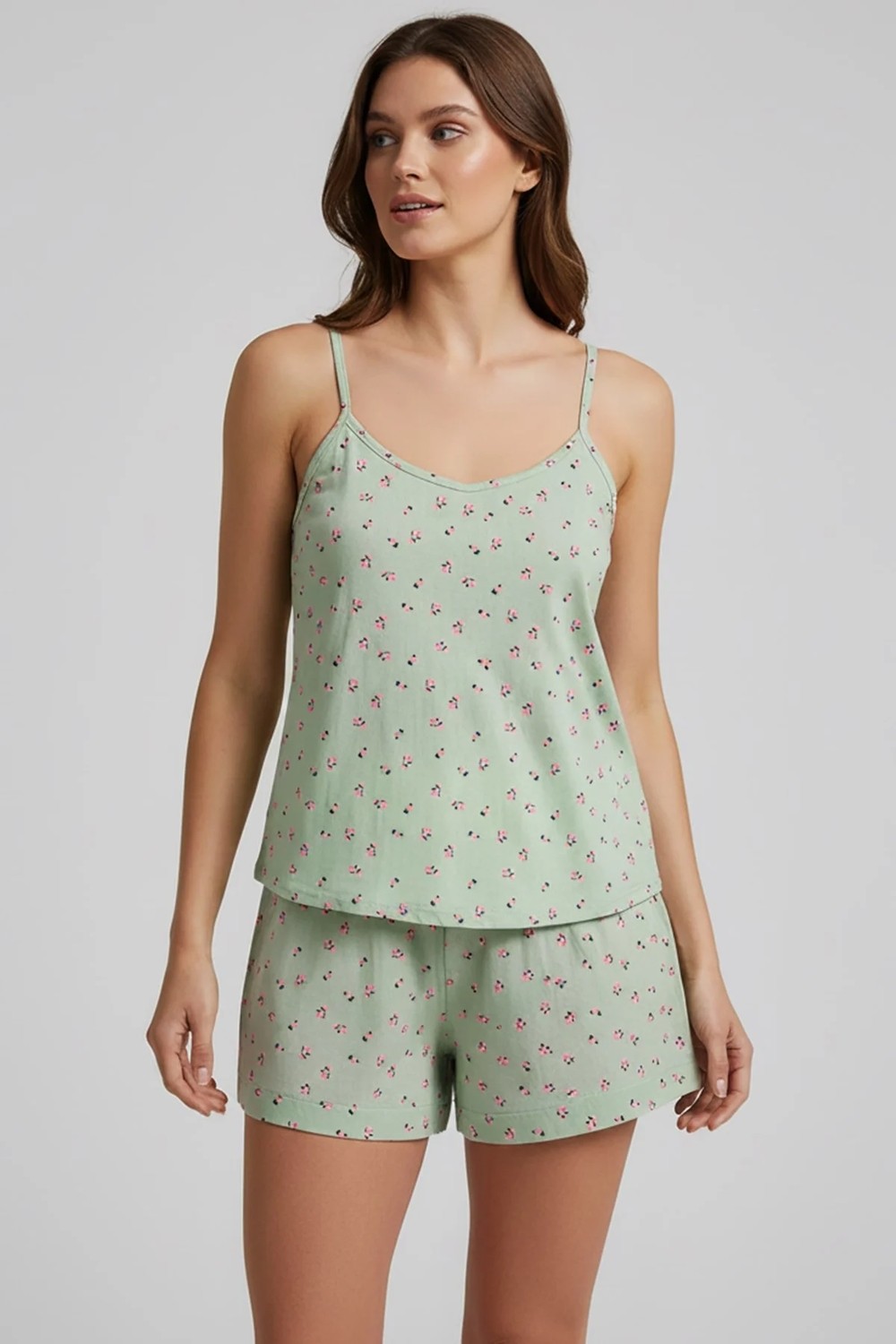 Kompedan Kadın Ip Askılı Yumuşak Dokulu Çiçek Desenli Şortlu Pijama Takım | Mint 70111-142