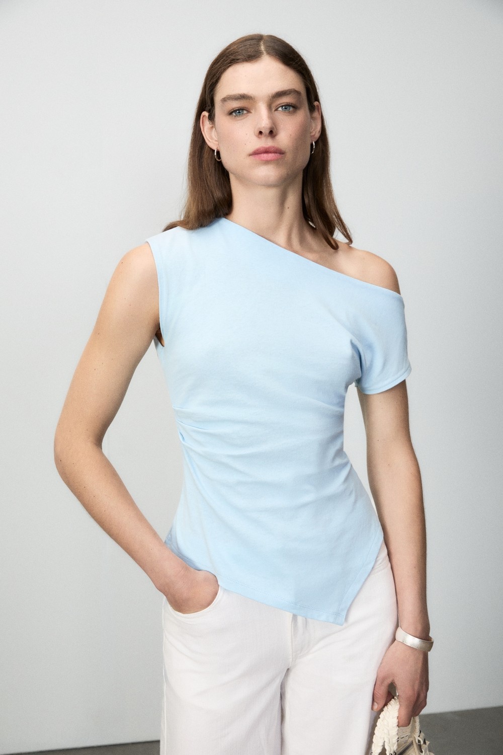 Grimelange Rehınga Kadın %100 Pamuk Asimetrik Yaka Regular Fit Kısa Kol Siyah Bluz