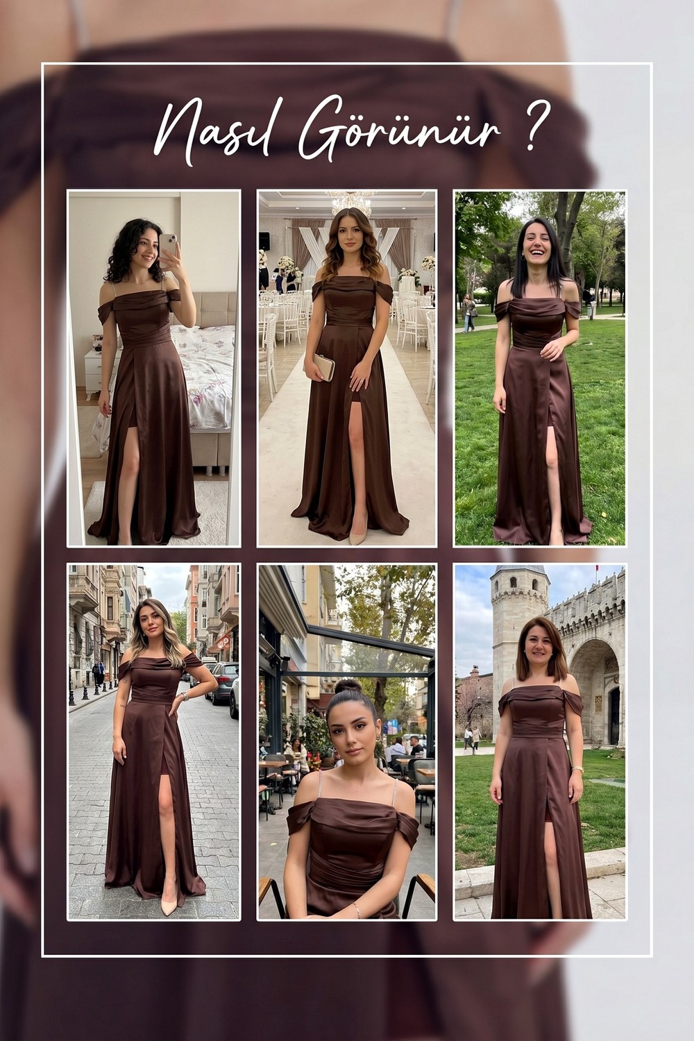 thezkscom Kadın Abiye Taş Askılı Düşük Omuz Yırtmaçlı Saten Kahverengi, Sarı, Haki, Bordo görsel 8