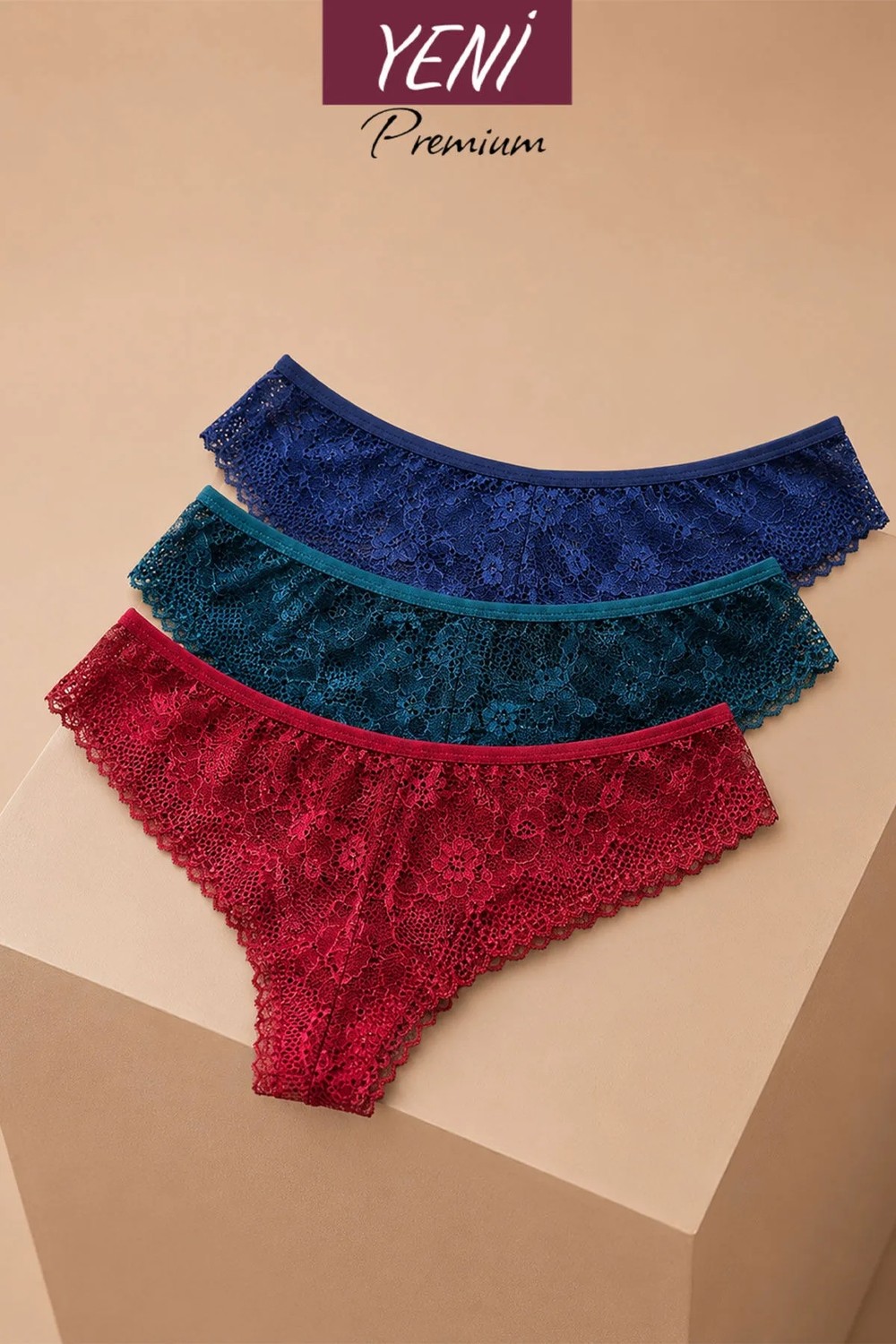 Valunor Lace Set Mor Lacivert Brazilian Stil Dantelli Kadın İç Giyim Lace Tanga Külot 3'lü Set