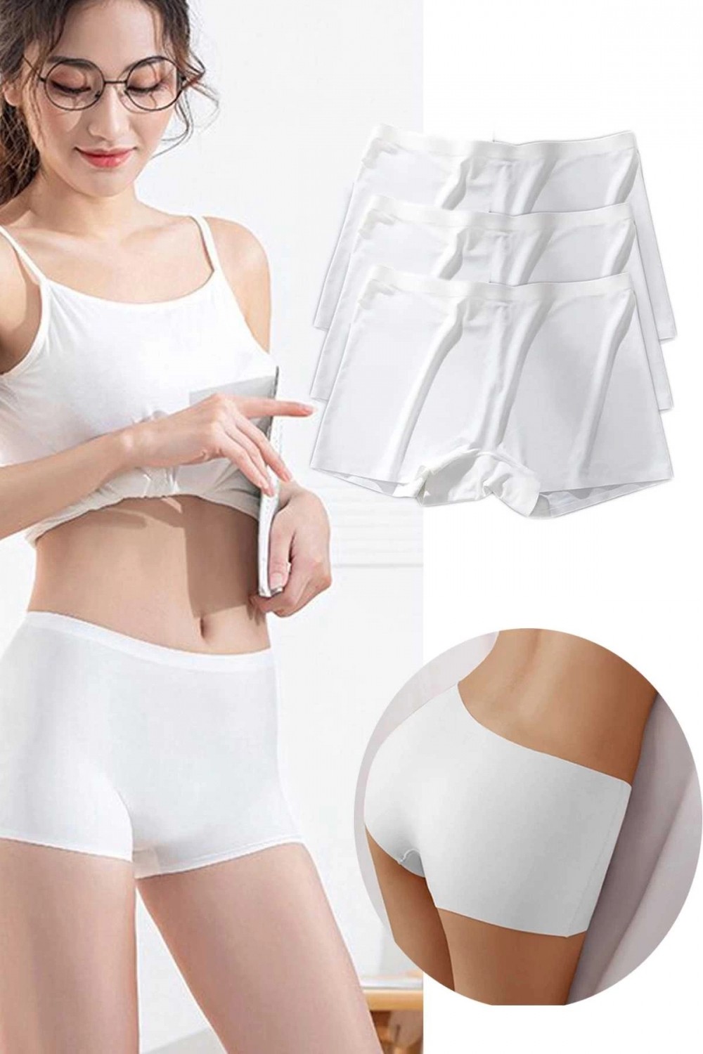 MiraLive 3 Adet Kadın Dikişsiz Görünmez Iz Yapmaz Mini Şort Boxer Beyaz