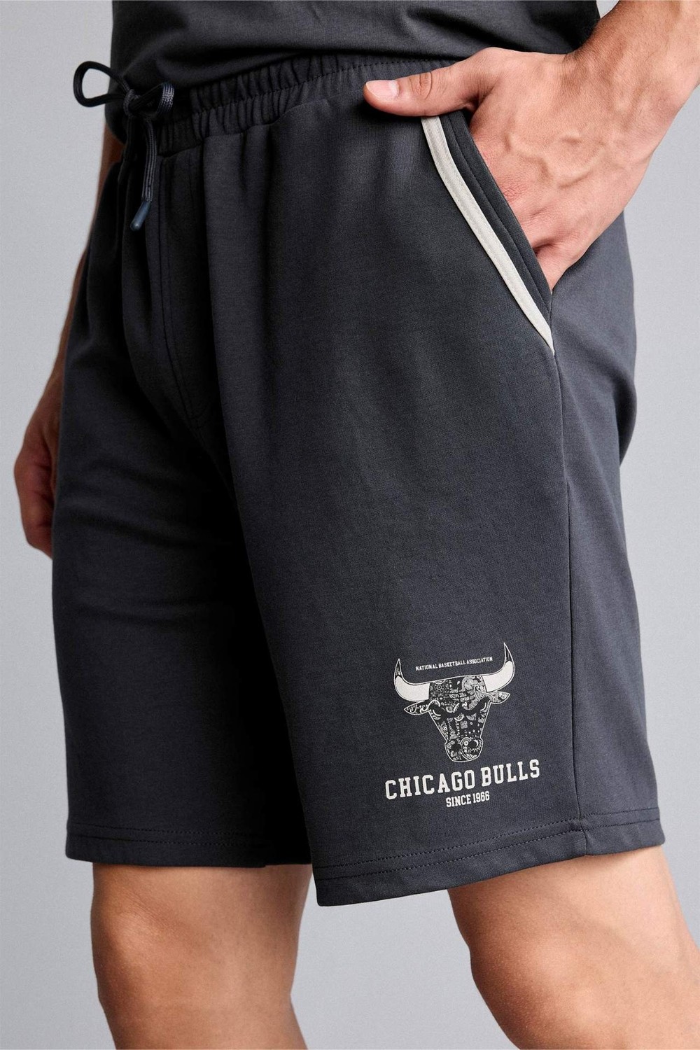 DeFacto %100 Pamuk NBA Chicago Bulls Lisanslı Standart Fit Elastik Bel Antrasit Şort H3862AX26SM görsel 2