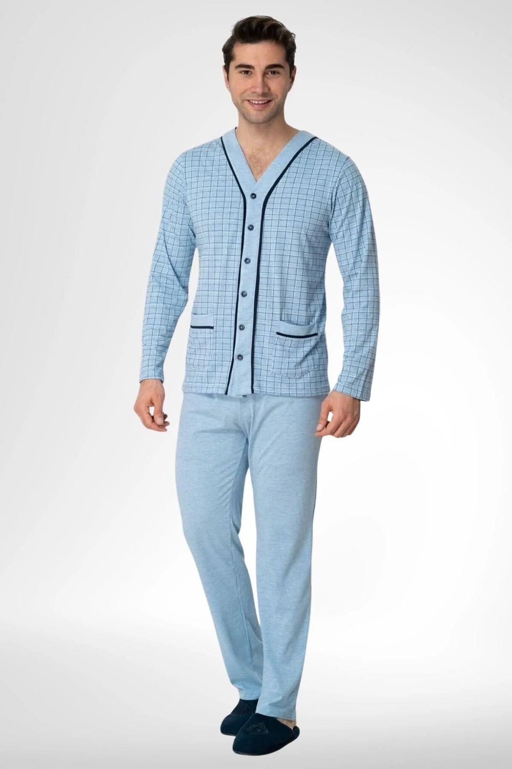 By Mecit Pijama Mecit 2767 Mavi Önden Düğmeli Büyük Beden Erkek Pijama Takımı görsel 3