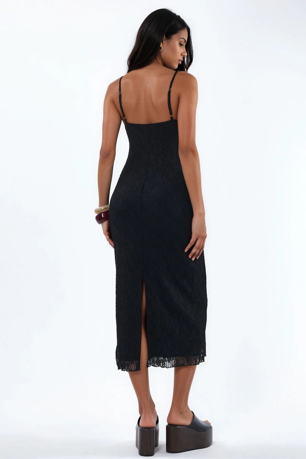 Hiccup Kadınlar V Yakalı Dantel Bodycon Midi Elbise Siyah görsel 2