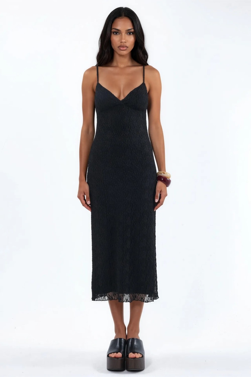 Hiccup Kadınlar V Yakalı Dantel Bodycon Midi Elbise Siyah görsel 7