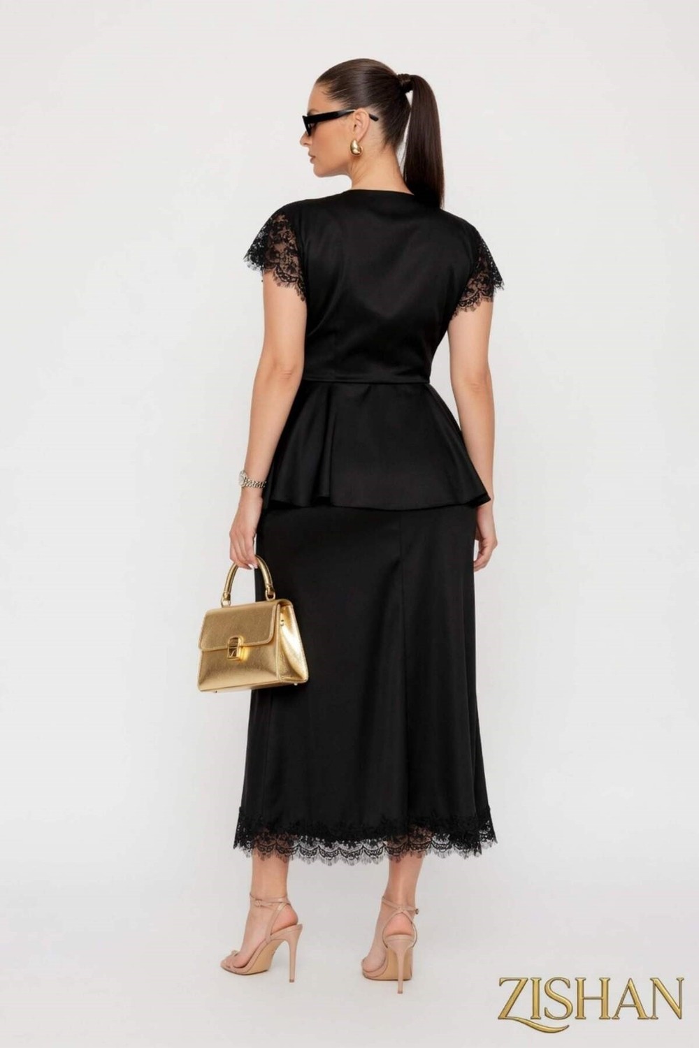 Saten Peplum Dantel Detaylı Etek Bluz Ikili Büyük Beden Takım | 44-46-48-50 Beden 8402 görsel 3