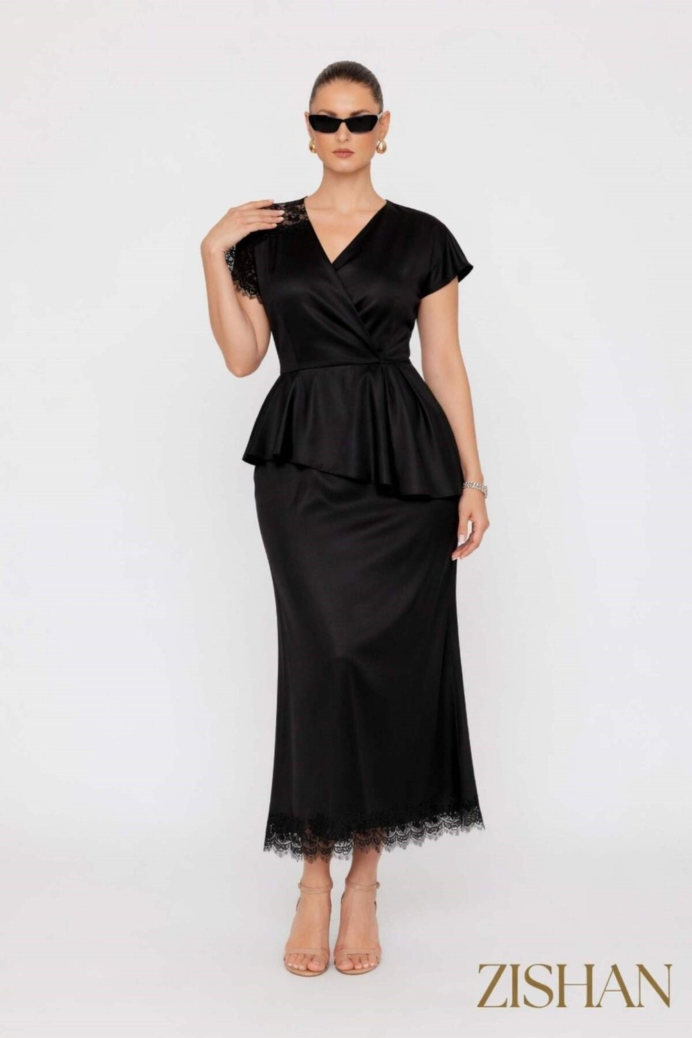 Saten Peplum Dantel Detaylı Etek Bluz Ikili Büyük Beden Takım | 44-46-48-50 Beden 8402 görsel 5