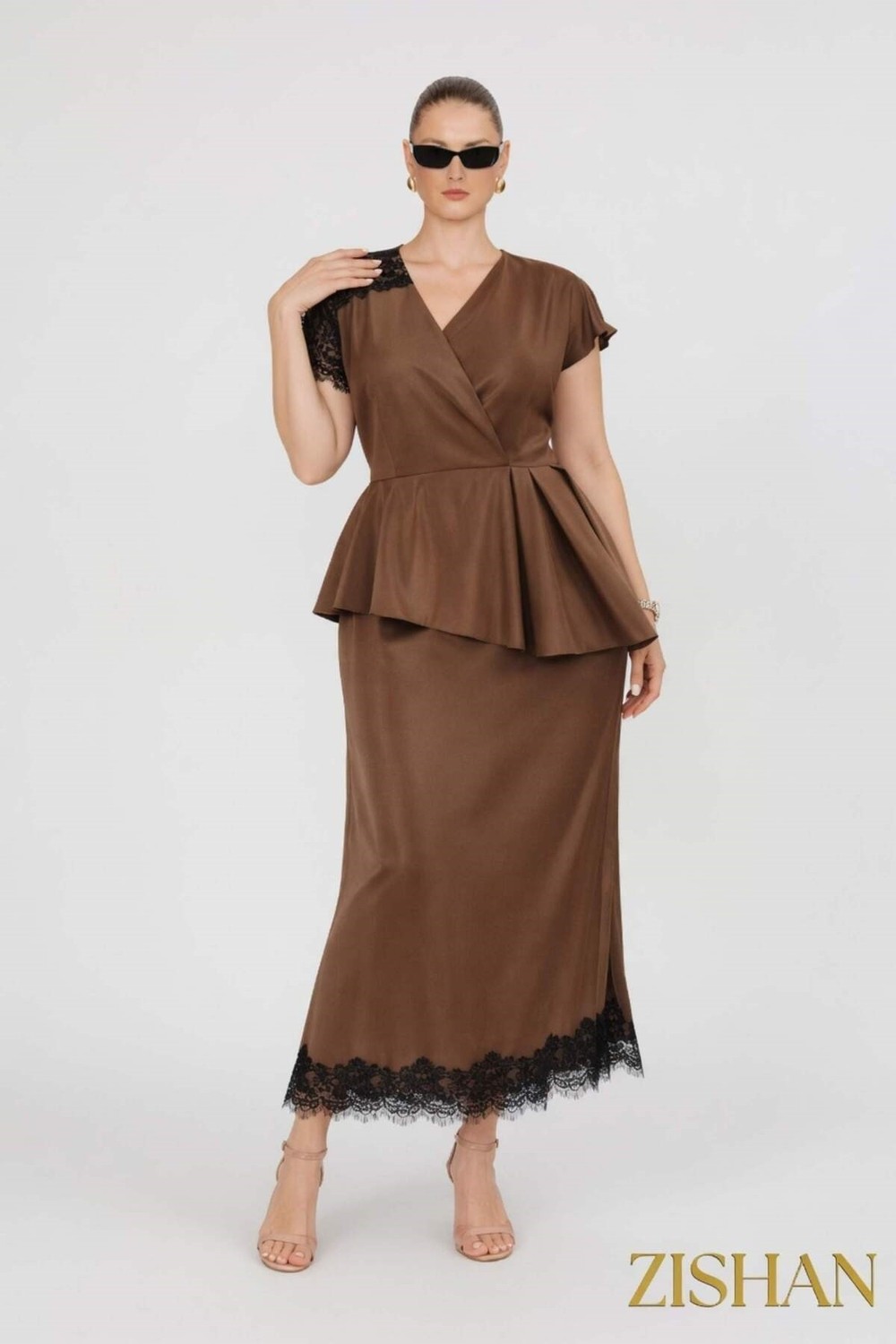Saten Peplum Dantel Detaylı Etek Bluz Ikili Büyük Beden Takım | 44-46-48-50 Beden 8402 görsel 6