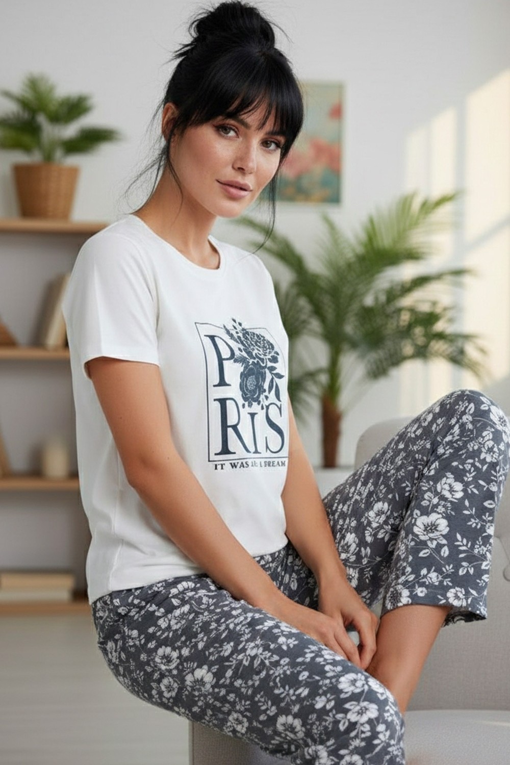 Siyah İnci Ekru Desenli Pamuklu Bisiklet Yaka Örme Pijama Takım