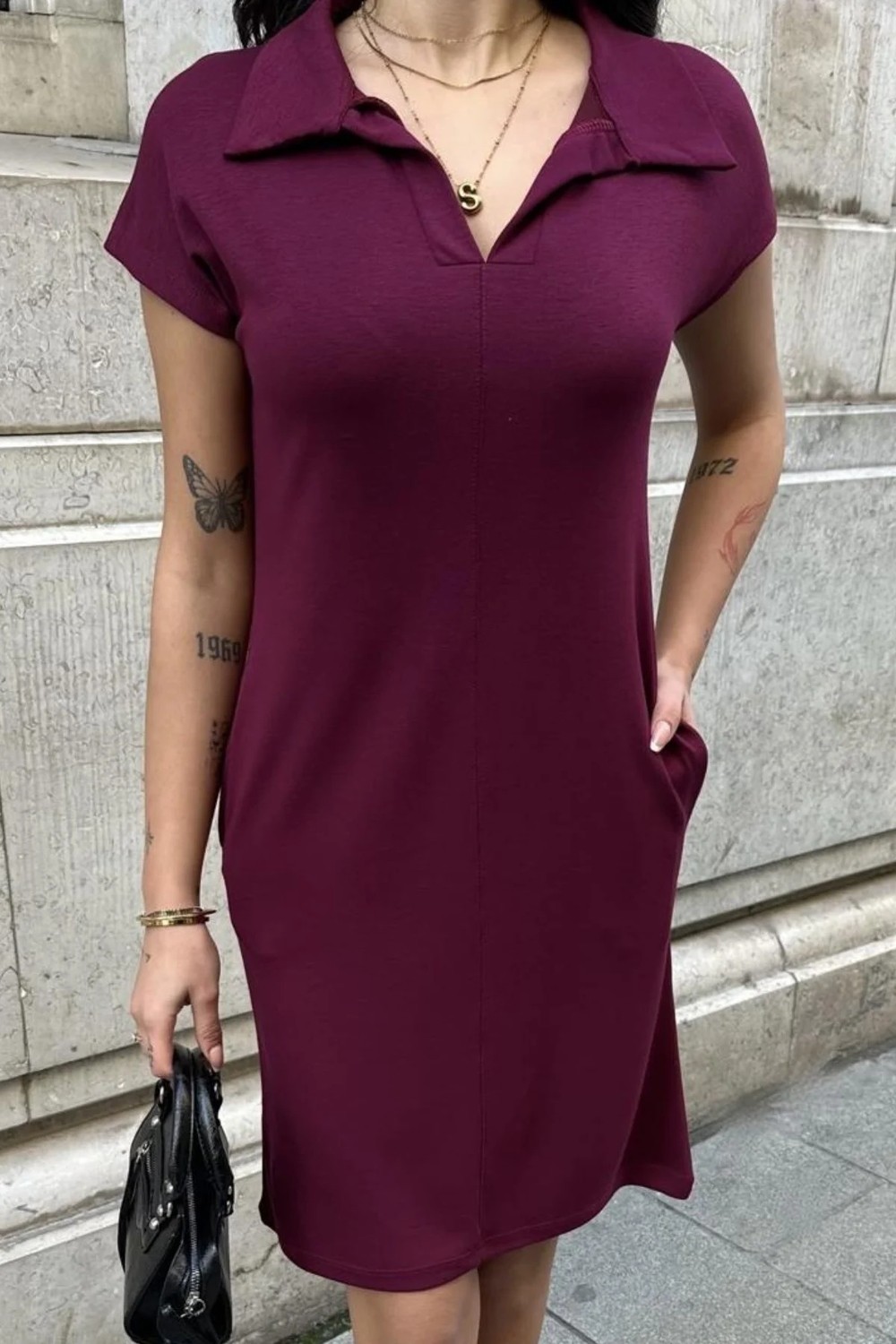 Ded Collection Kadın Polo Yaka Modal Kumaş Kısa Kollu Rahat Kalıp Elbise