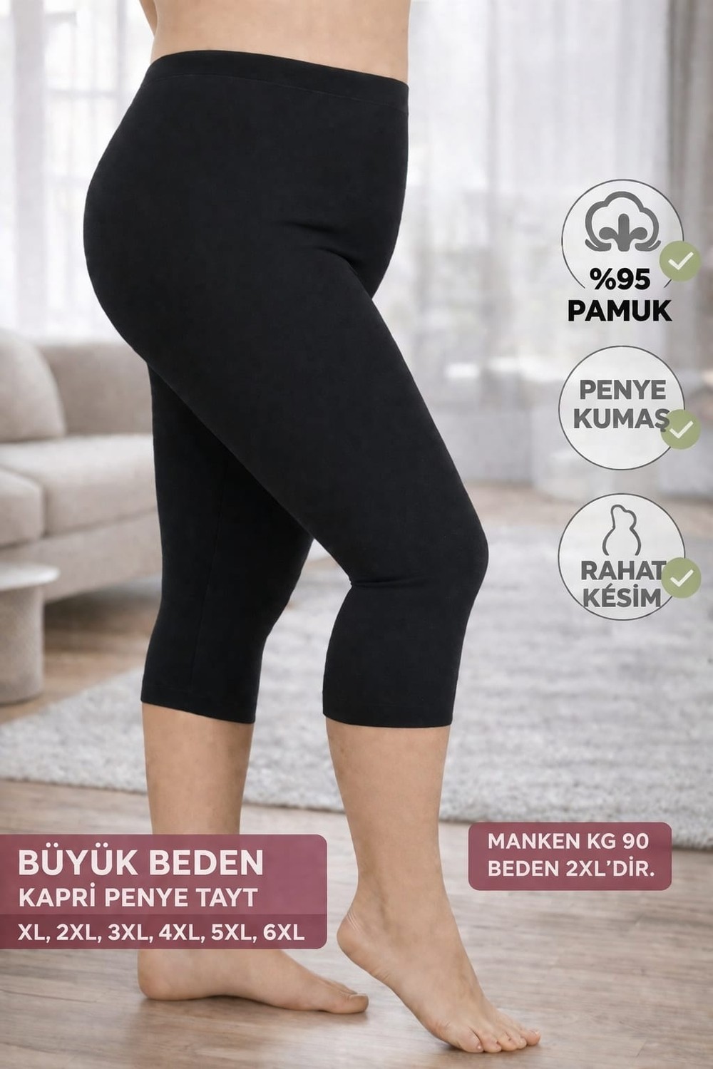 Medament Büyük Beden Ağlı Kapri Penye Tayt(Extra Büyük Beden) Rahat Kalıp, Yüksek Bel.