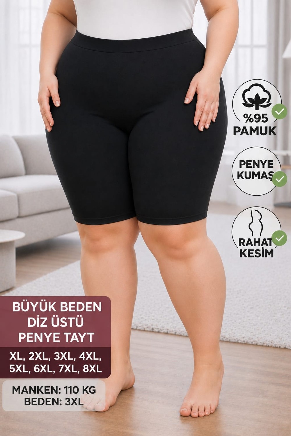Medament Büyük Beden Ağlı Diz Üstü Kısa Penye Tayt(Extra Büyük Beden) Rahat Kalıp, Yüksek Bel.