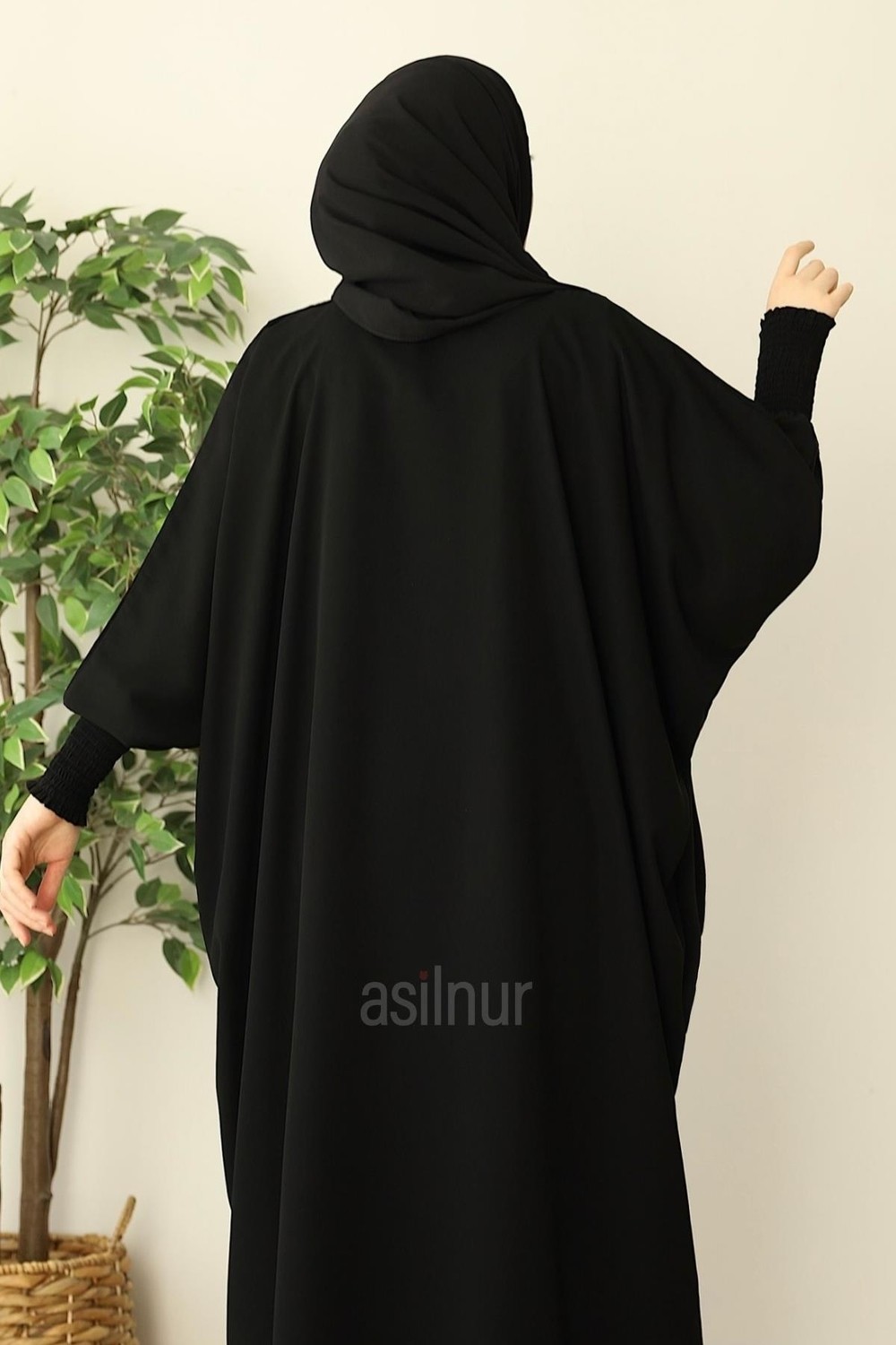 Asilnur Ebru Yarasa Kollu Ferace Şal Hediyeli Takım Siyah görsel 5