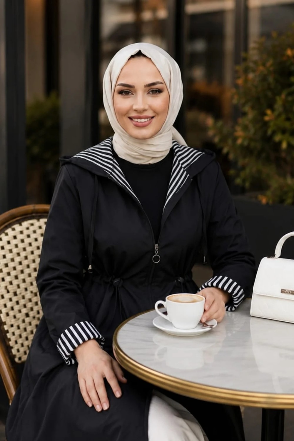 Harma Time Butik Kadın Kapüşonlu Fermuarlı Ara Boy Bondit Kumaş Siyah Trenç görsel 5