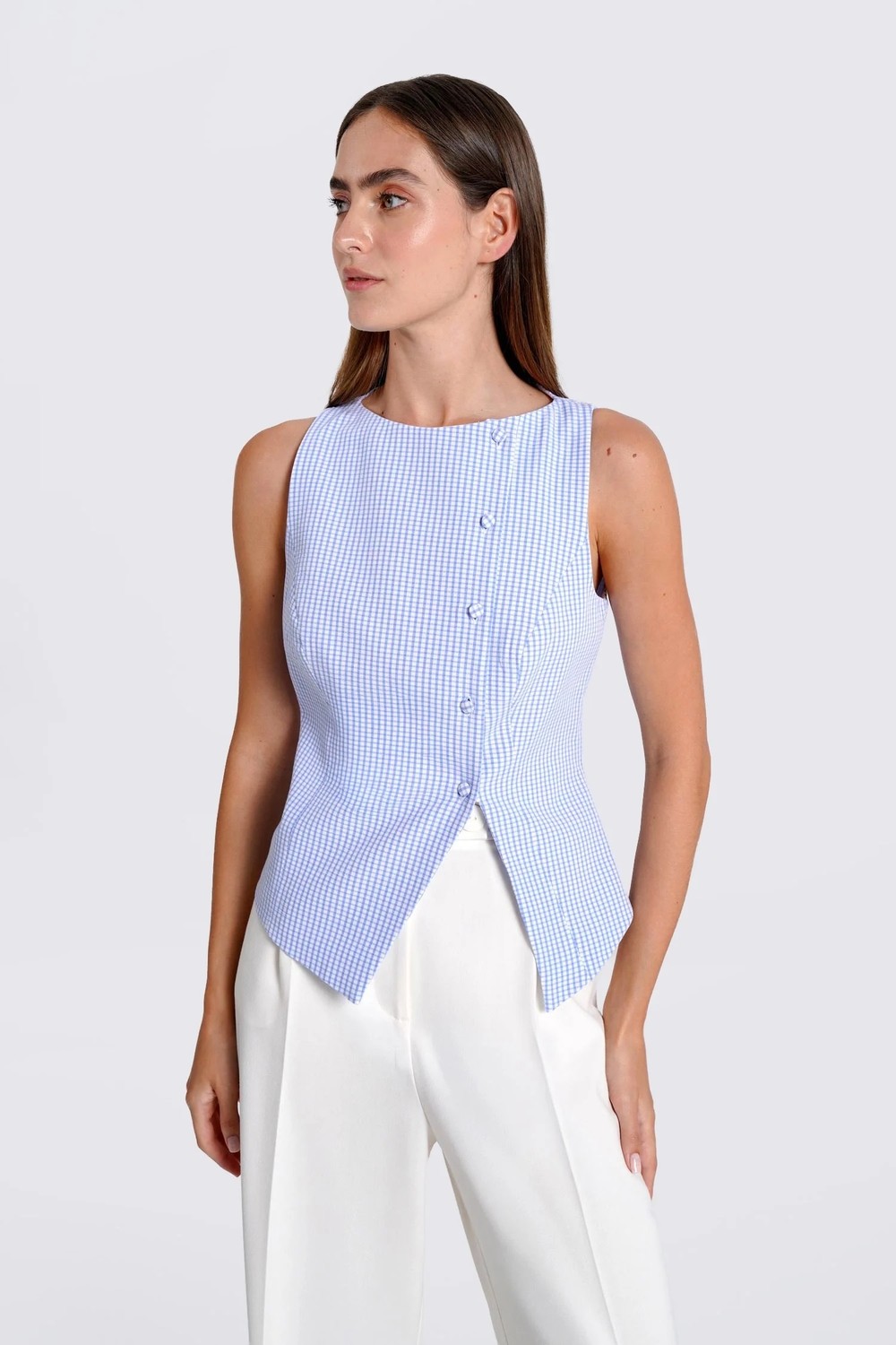 Thalure Kadın Lacivert Pötikare Kruvaze Slim Fit Yelek