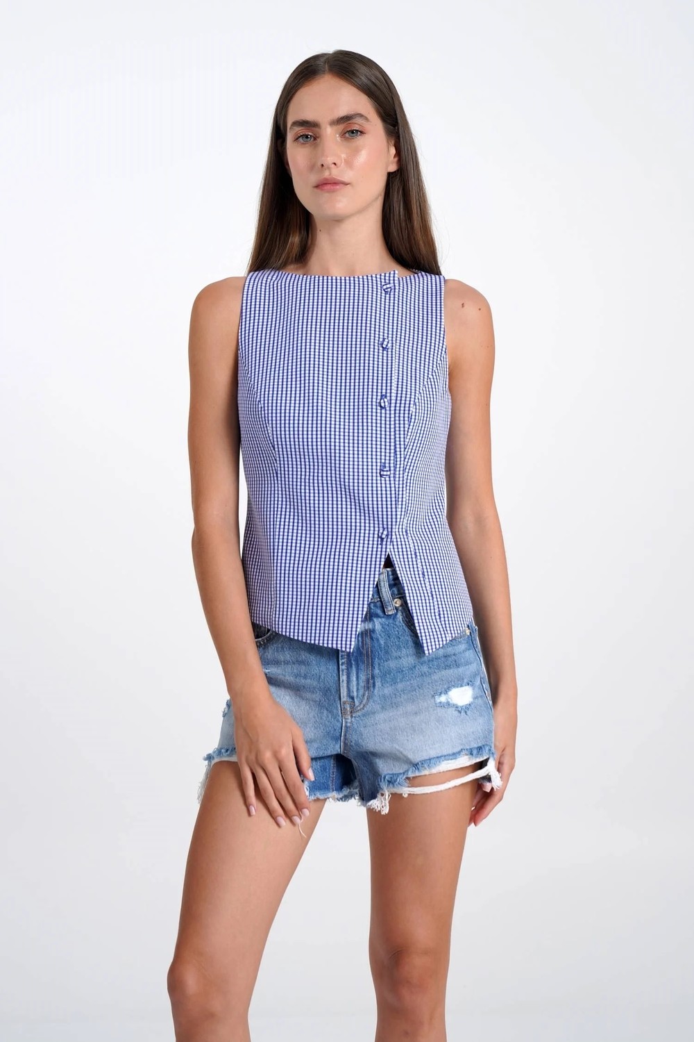 Thalure Kadın Lacivert Pötikare Kruvaze Slim Fit Yelek