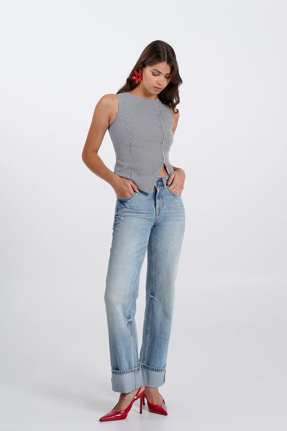 Thalure Kadın Lacivert Pötikare Kruvaze Slim Fit Yelek görsel 2