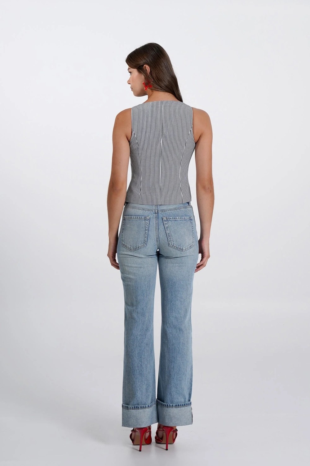 Thalure Kadın Lacivert Pötikare Kruvaze Slim Fit Yelek görsel 4