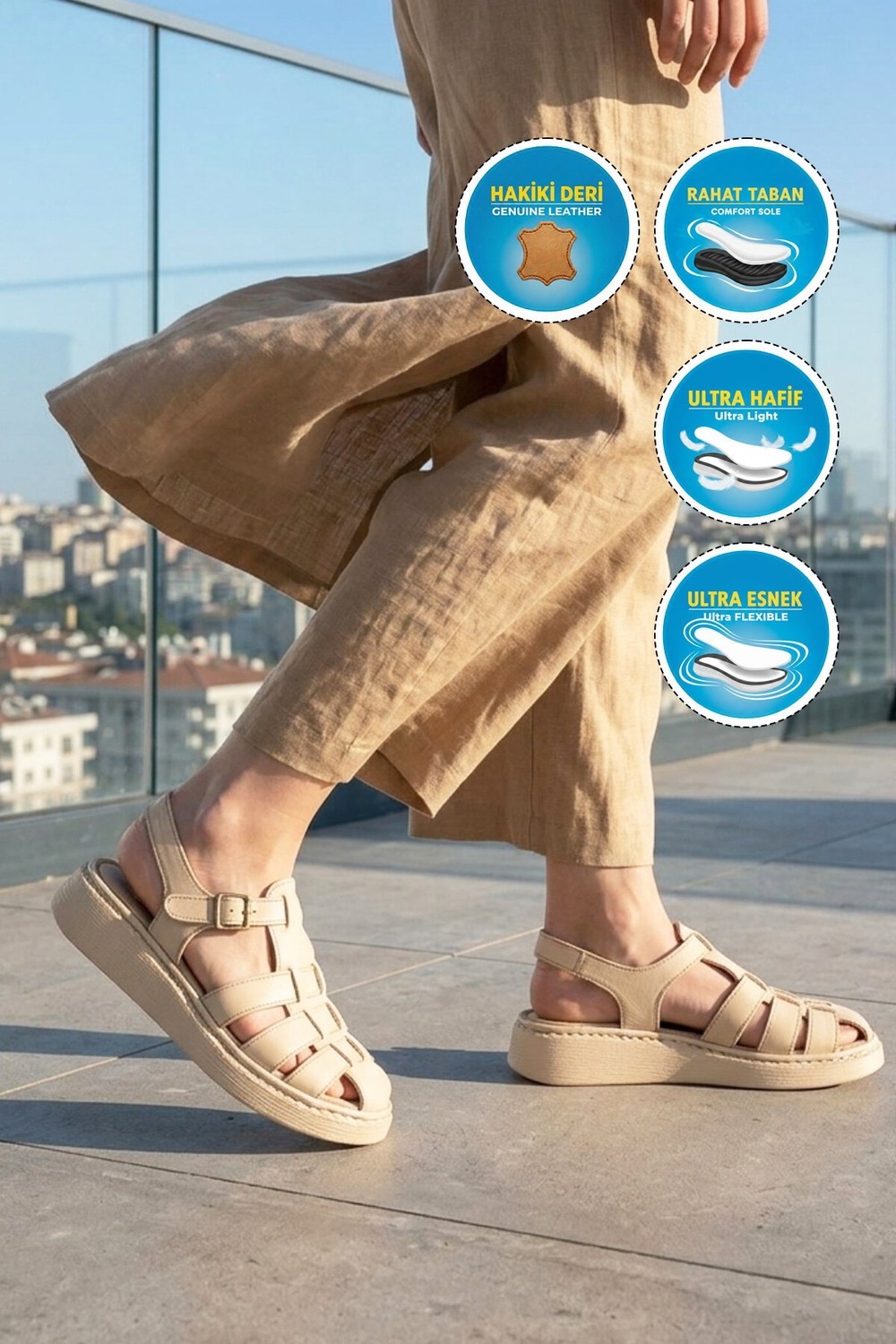 Ayakmod Bej Hafif Hakiki Deri Yumuşak Tabanlı Kadın Sandalet 12500 Z görsel 3