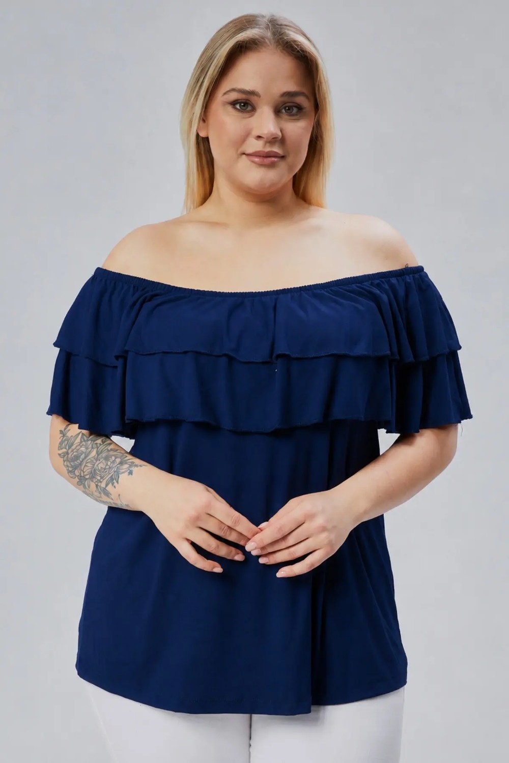 Curvy Trend Büyük Beden Madonna Yaka Viskon Bluz