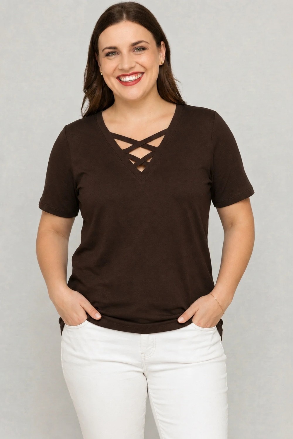 Curvy Trend Büyük Beden V Yaka Çapraz Bantlı Kısa Kol Bluz görsel 5