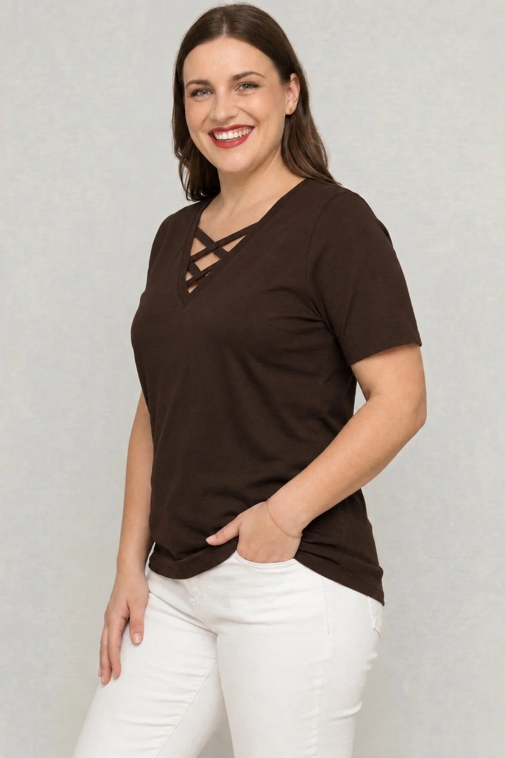 Curvy Trend Büyük Beden V Yaka Çapraz Bantlı Kısa Kol Bluz görsel 6
