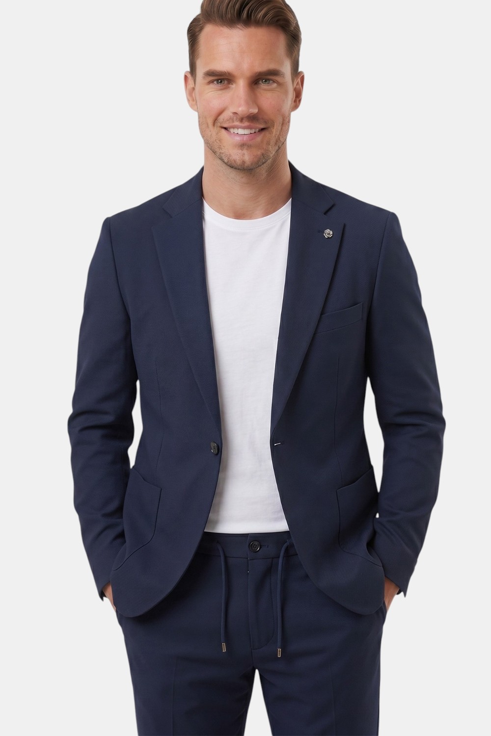 Deepsea Lacivert Premium Çizgi Dokulu Slim Fit Likralı 2’li Erkek Takım Elbise 2600821