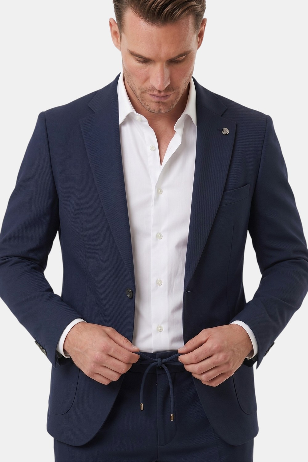 Deepsea Lacivert Premium Çizgi Dokulu Slim Fit Likralı 2’li Erkek Takım Elbise 2600821 görsel 4